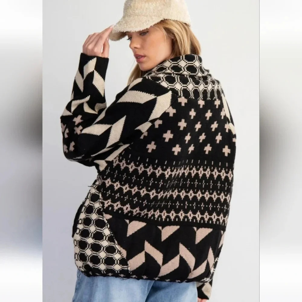 Easel Ethnic Printed Knit Sweater Cardigan New
